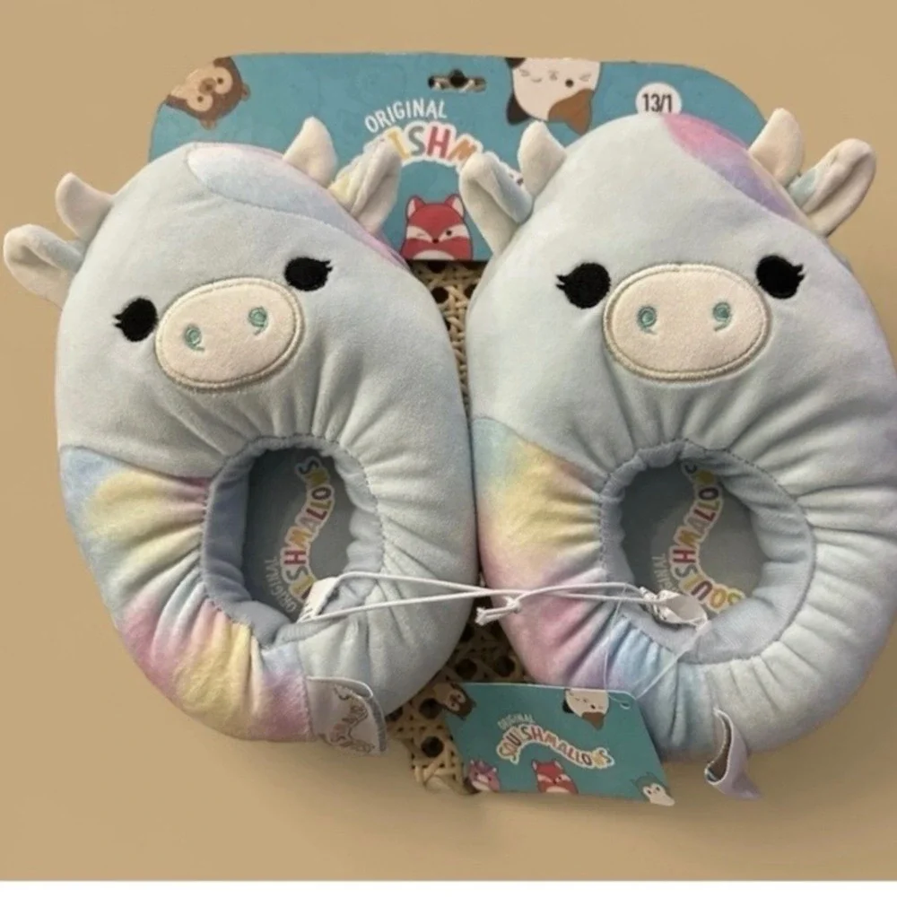Squishmallows Bubba the Cow Plush Slippers Blue Tie Dye Kids Size 13/1 New